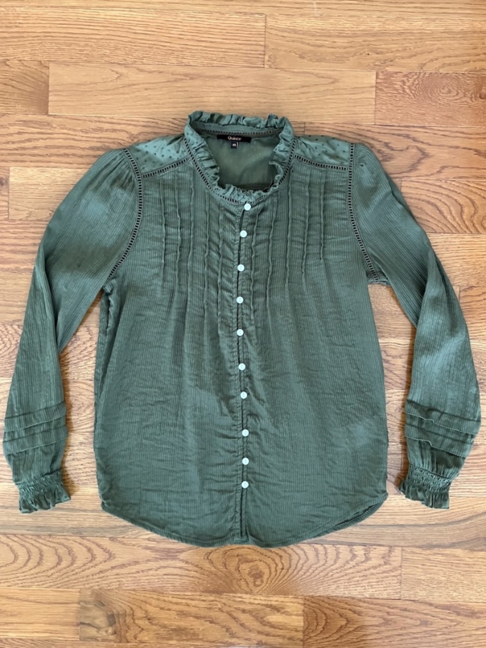 Quince | Organic Textured Cotton Peasant Blouse | Caper | XS | Like New
